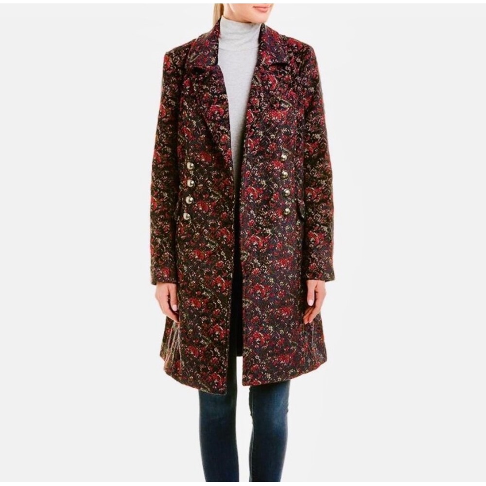 Free People Fox Trot Equestrian Tapestry Coat Women XS Red Combo Floral Brocade